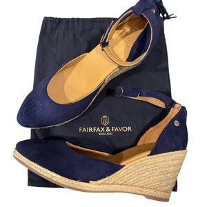 NEW Fairfax & Favor England Navy Blue Suede Women’s Monaco Espadrille Wedges 11